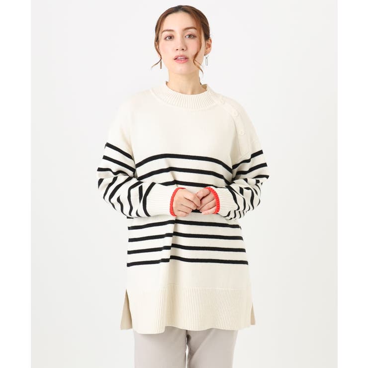 アイボリー(80) | 【大きいサイズ】パネルボーダー配色ラインニット | eur3