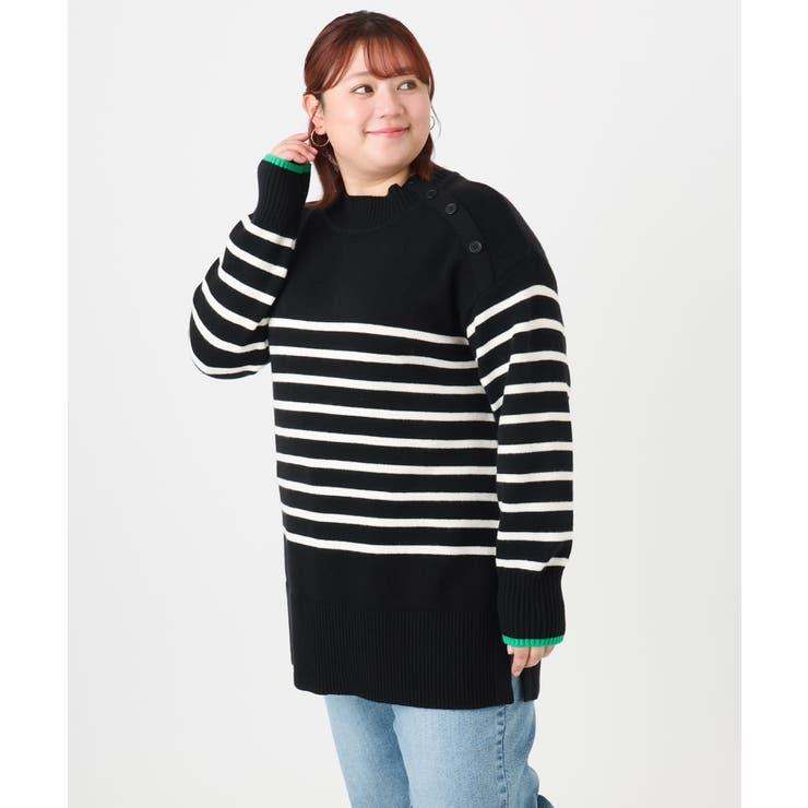 ブラック(94) | 【大きいサイズ】パネルボーダー配色ラインニット | eur3