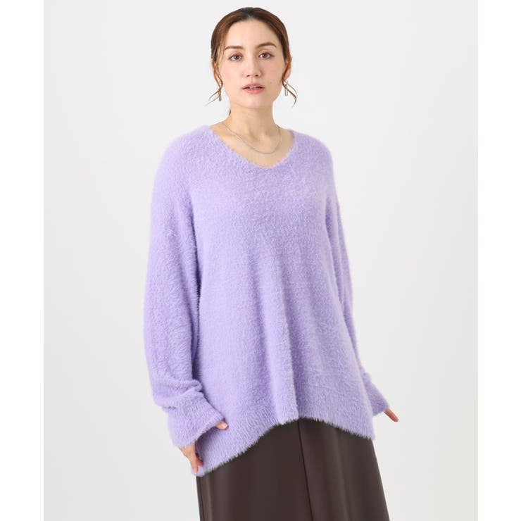 ラベンダー(60) | 【大きいサイズ/a.v.v×eur3】フェザーヤーンVネックニット | eur3