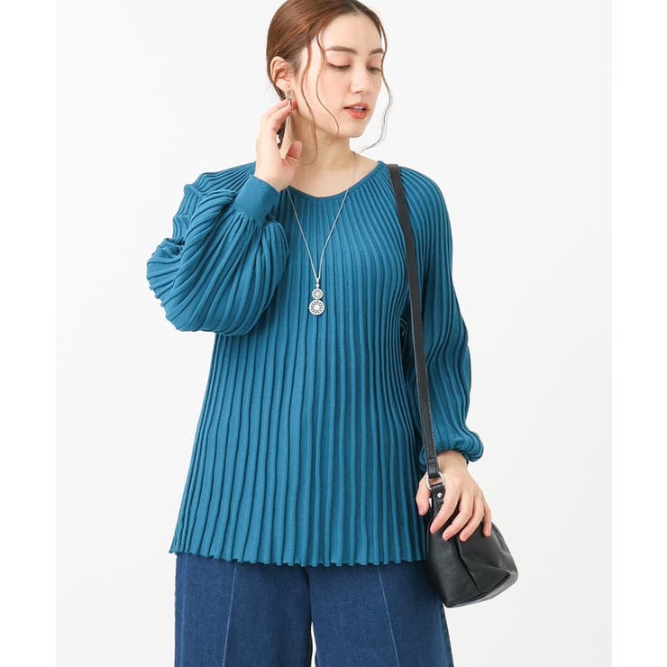 グリーン(35) | 【大きいサイズ】パフスリーブプリーツ風ニット | eur3