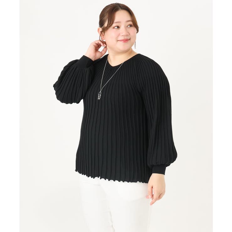 ブラック(94) | 【大きいサイズ】パフスリーブプリーツ風ニット | eur3