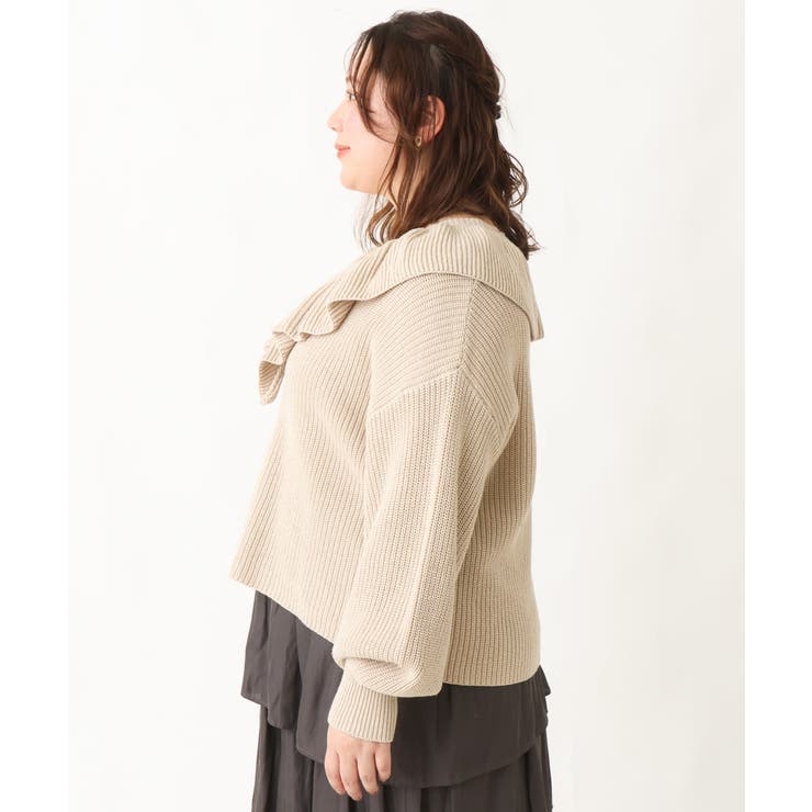 大きいサイズ/a.v.v×eur3】Vネックフリル襟ニット[品番：ITKW0016403