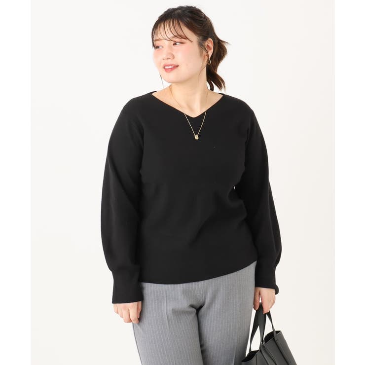 ブラック(94) | 【大きいサイズ/新色追加】Vネックパフスリーブニット | eur3