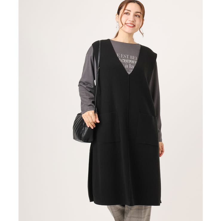 ブラック(94) | 【大きいサイズ】Vネックロングニットベスト | eur3