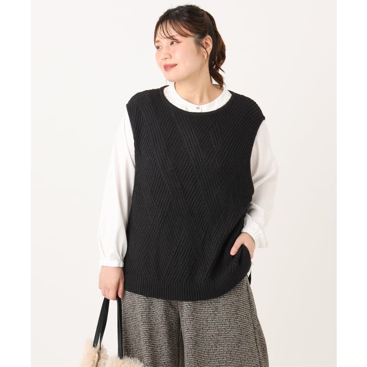 サイドスリットケーブルベスト✨エウルキューブ 大きいサイズ】サイドスリットケーブルベスト[品番：ITKW0023141