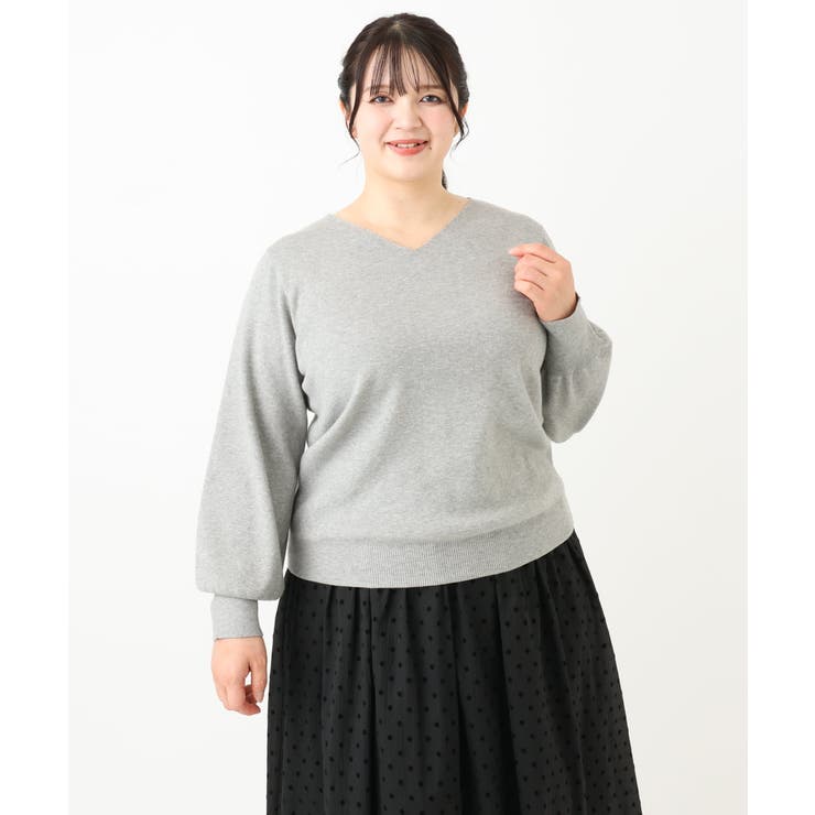グレー(92) | 【大きいサイズ】Vネックパフスリーブニット | eur3