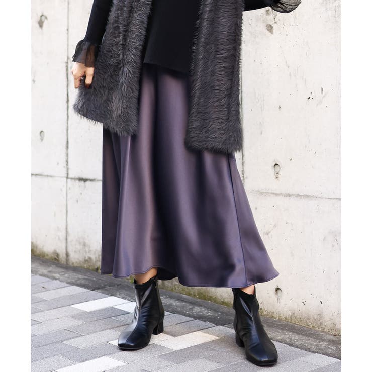 ダークグレー(93) | 【大きいサイズ】サテンバックフレアスカート | eur3