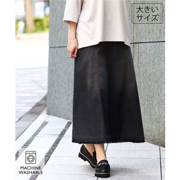 ブラック | 【大きいサイズ/洗える】パネル切り替えデニムスカート | eur3