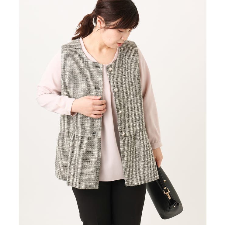 ブラック(94) | 【大きいサイズ】ツイードペプラムジレ | eur3