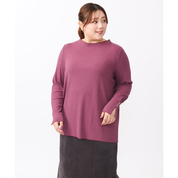 ワイン(77) | 【大きいサイズ】リブジャージー袖ボタンカットソー | eur3