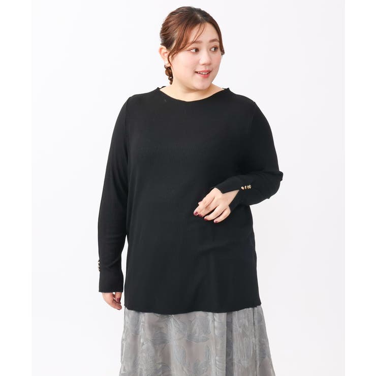 ブラック(94) | 【大きいサイズ】リブジャージー袖ボタンカットソー | eur3