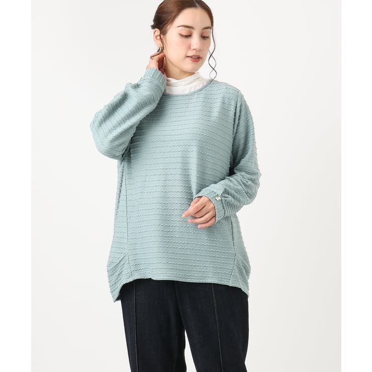 グリーン(35) | 【大きいサイズ】ケーブルジャカードカットソー | eur3