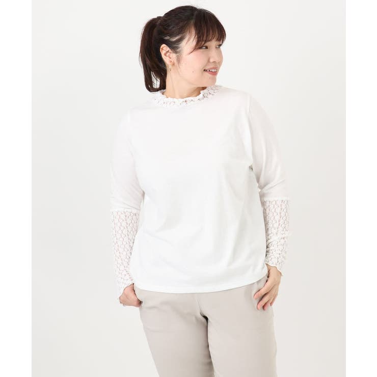 ホワイト(90) | 【再入荷/大きいサイズ】ハイネックレースカットソー | eur3