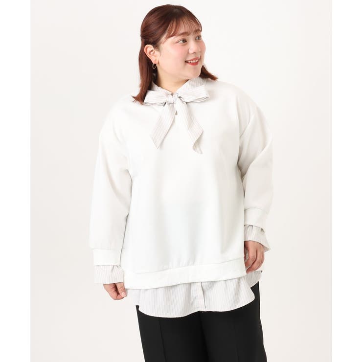 ホワイト(90) | 【大きいサイズ】レイヤード風ボウタイトップス | eur3