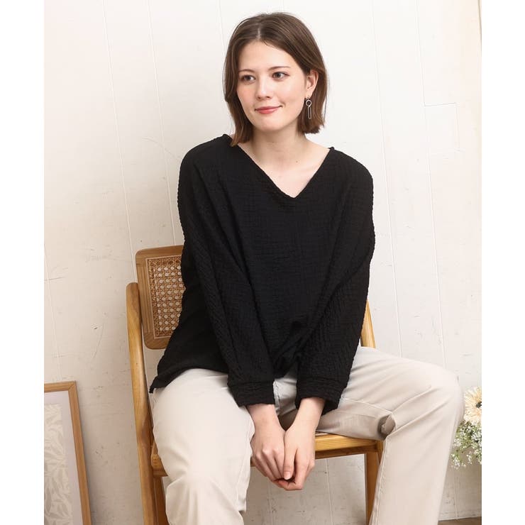 ブラック | 【大きいサイズ】リップルジャージー2WAYカットソー | eur3