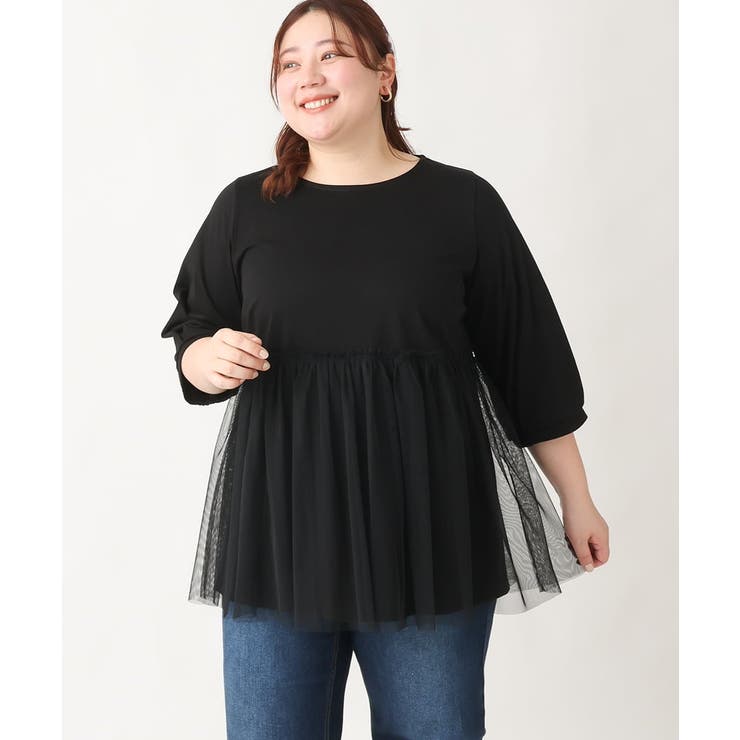 ブラック(94) | 【大きいサイズ】チュールギャザーコンビチュニック | eur3