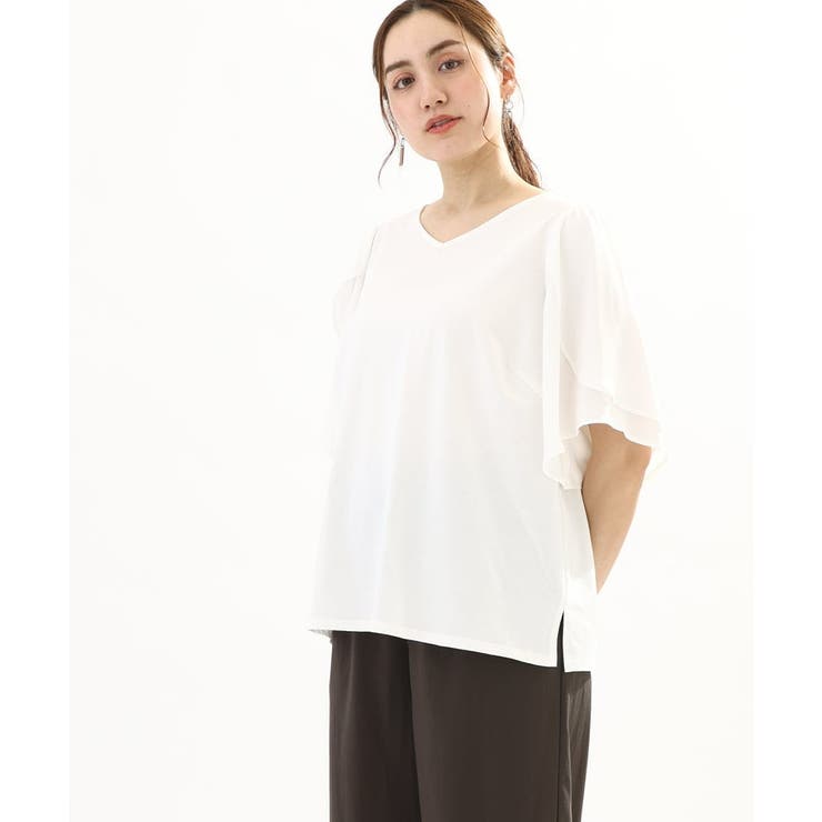 ホワイト(90) | 【大きいサイズ】ラッフルスリーブカットソー | eur3