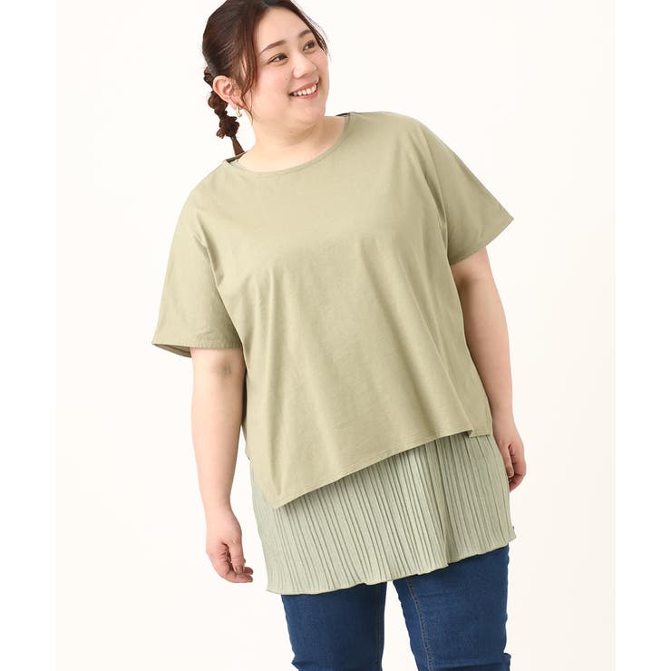 カーキ(36) | 【大きいサイズ/soso×eur3】Tシャツ×プリーツタンクトップセット | eur3