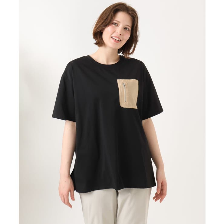 ブラック | 【大きいサイズ】ジップポケットコットンTシャツ | eur3