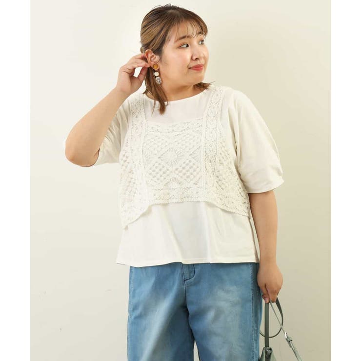 【大きいサイズ】 9号・15号・19号(M・3L・5L) クロシェ風ブロックレースシャツ 大きいサイズ】 15号・19号(3L・5L) クロシェ風ブロックレース
