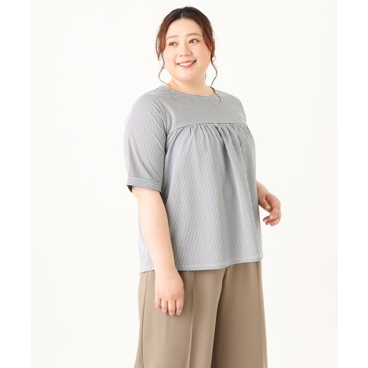 【大きいサイズ】ギャザー切り替えストライプカットソー | eur3 | 詳細画像8 