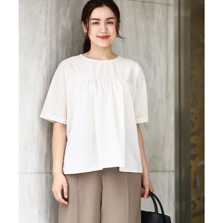 ライトグレー(91) | 【大きいサイズ】ギャザー切り替えストライプカットソー | eur3