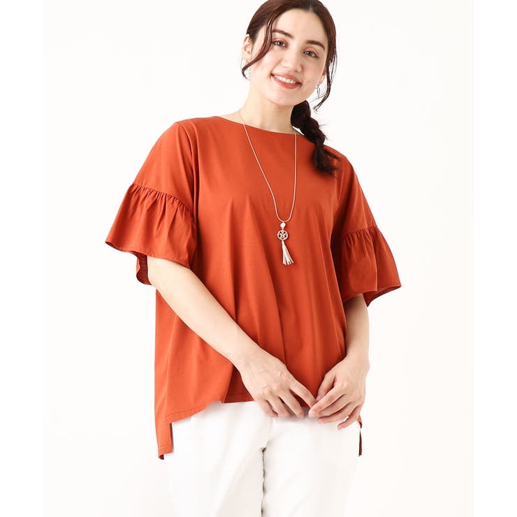オレンジ(15) | 【大きいサイズ】ギャザーフリルスリーブトップス | eur3