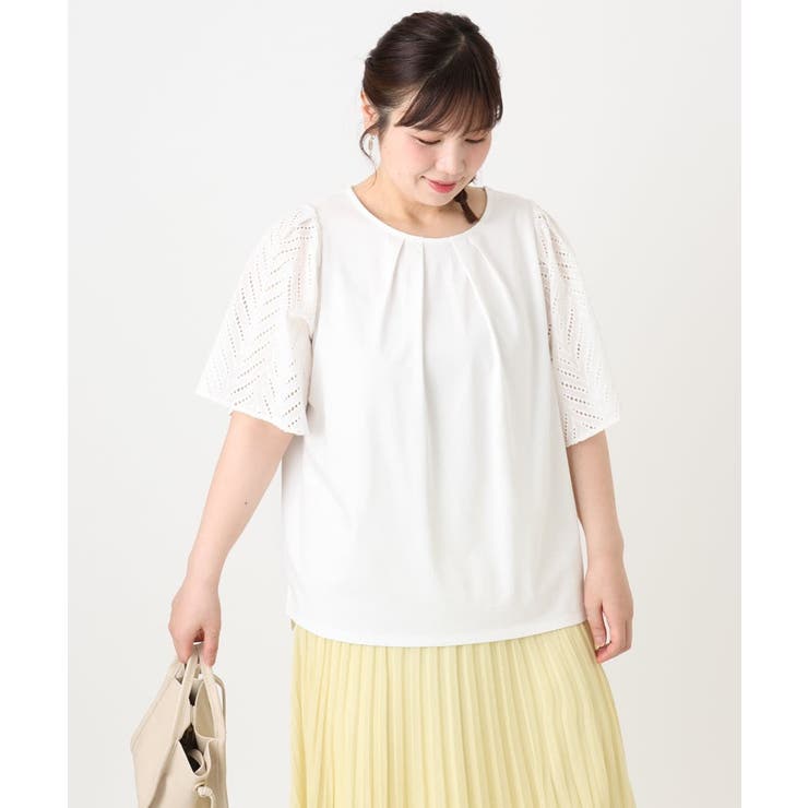 【大きいサイズ/a.v.v×eur3】リーフレーススリーブトップス 大きいサイズ/a.v.v×eur3】リーフレーススリーブトップス
