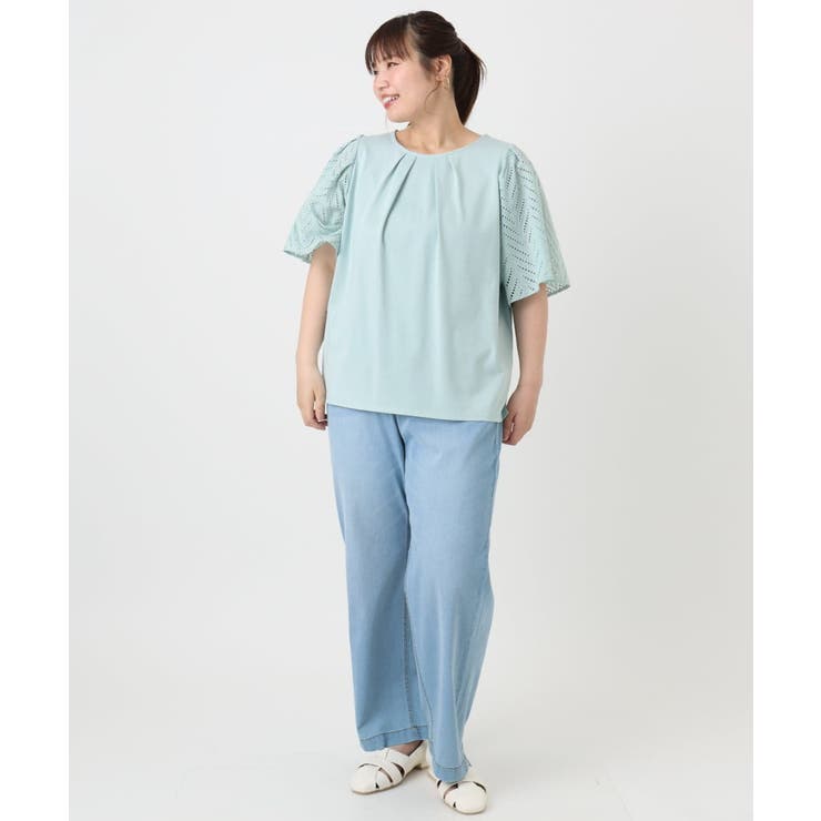 【大きいサイズ/a.v.v×eur3】リーフレーススリーブトップス 大きいサイズ/a.v.v×eur3】リーフレーススリーブトップス