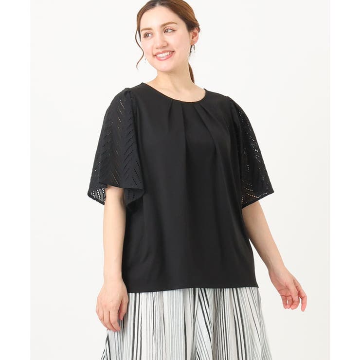 ブラック(94) | 【大きいサイズ/a.v.v×eur3】リーフレーススリーブトップス | eur3