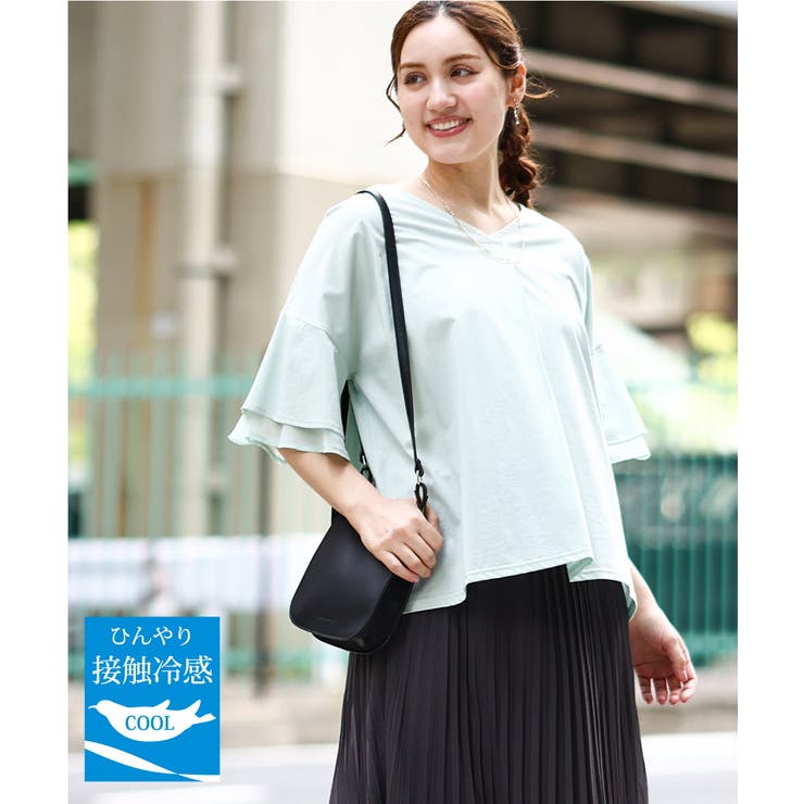 ライトグリーン(30) | 【大きいサイズ/接触冷感】Vネックシルケット天竺カットソー | eur3