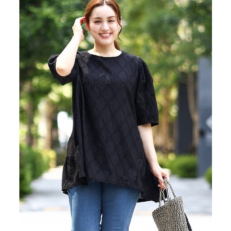 ブラック(94) | 【大きいサイズ】アイレットレースティアードトップス | eur3