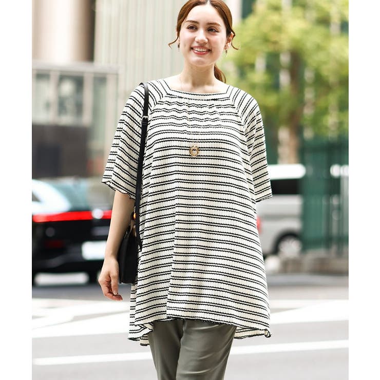 ホワイト(90) | 【大きいサイズ】ワッフルボーダーチュニック | eur3