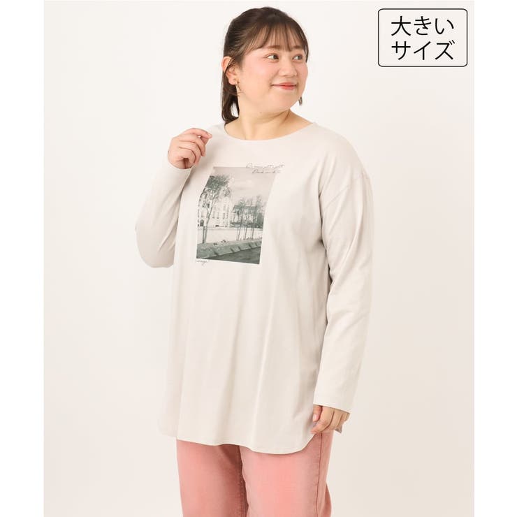 グレージュ | 【大きいサイズ】プリント長袖Tシャツ | eur3