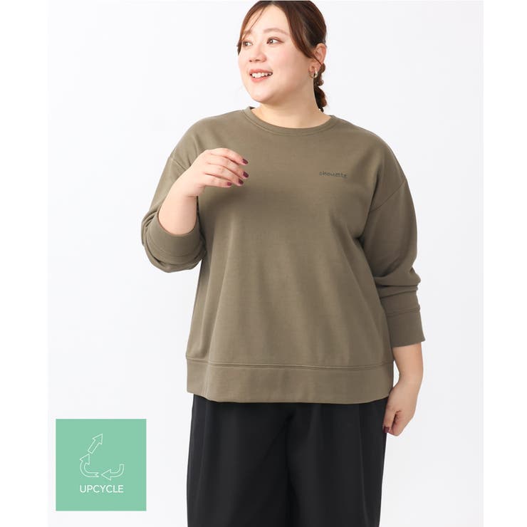 カーキ(36) | 【大きいサイズ】ミニ裏毛ドロップショルダートップス | eur3