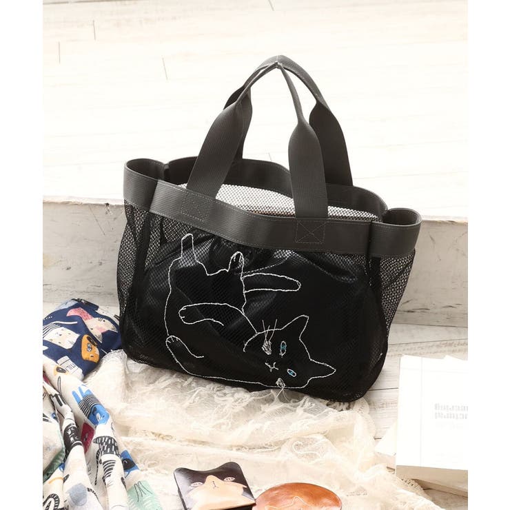 ブラック | キャット刺繍メッシュトートバッグ | eur3