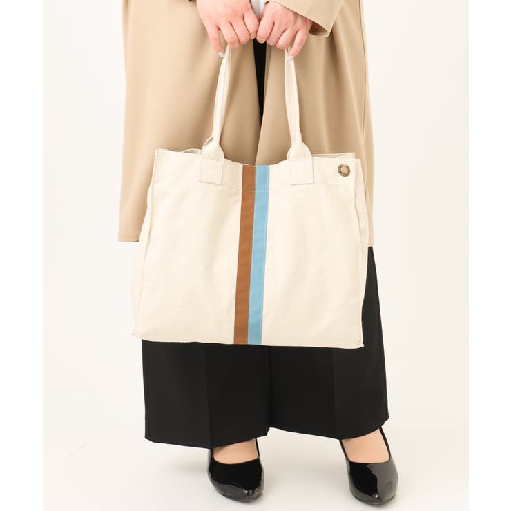 アイボリー(80) | 配色ラインスクエアトートバッグ | eur3