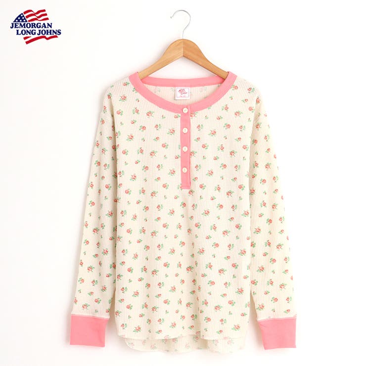 ピンク | ワッフル花柄クレリックヘンリーネック長袖Tシャツ | JEMORGAN