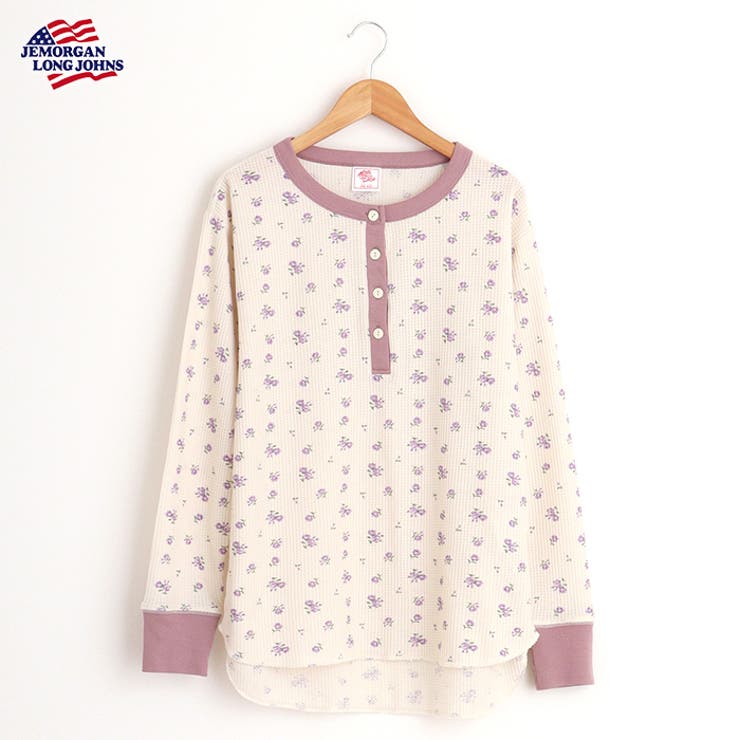 ラベンダー | ワッフル花柄クレリックヘンリーネック長袖Tシャツ | JEMORGAN