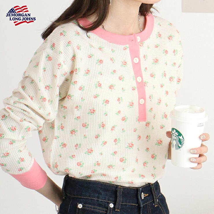 ワッフル花柄クレリックヘンリーネック長袖Tシャツ | JEMORGAN | 詳細画像2 