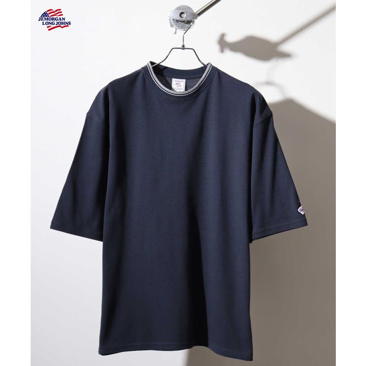 ネイビー | カノコクルーネック襟ライン半袖Tシャツ | JEMORGAN