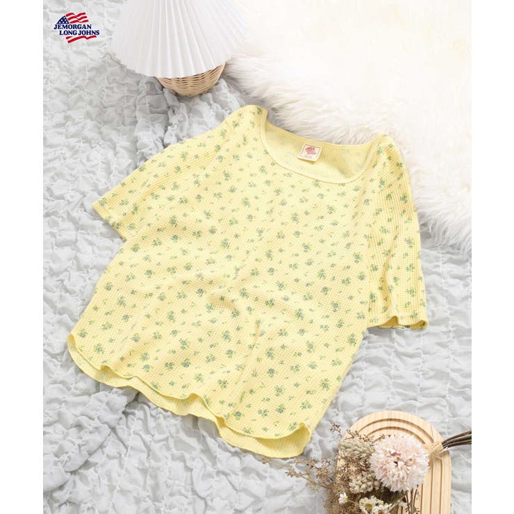 イエロー | ワッフル花柄ピグメント染めハーフスリーブTシャツ | JEMORGAN