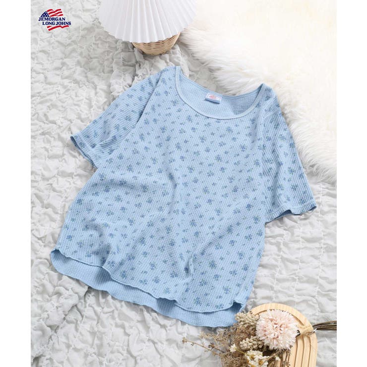 ブルー | ワッフル花柄ピグメント染めハーフスリーブTシャツ | JEMORGAN