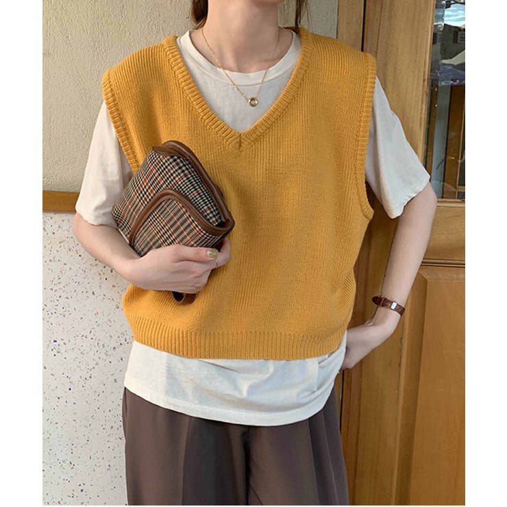 イエロー | ルーズショートニットベスト | Jewelobe