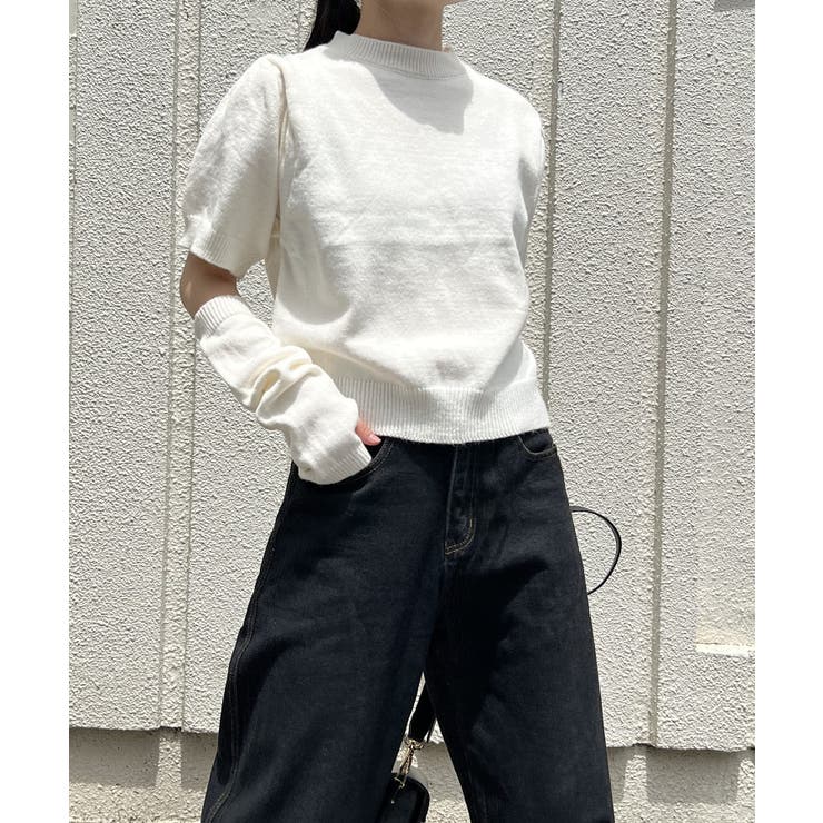 アームウォーマー付きクルーネック半袖ニットトップス | Jewelobe | 詳細画像1 