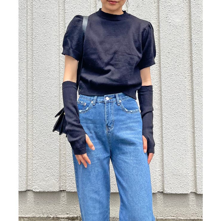 ブラック | アームウォーマー付きクルーネック半袖ニットトップス | Jewelobe