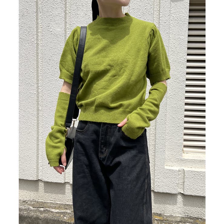 グリーン | アームウォーマー付きクルーネック半袖ニットトップス | Jewelobe