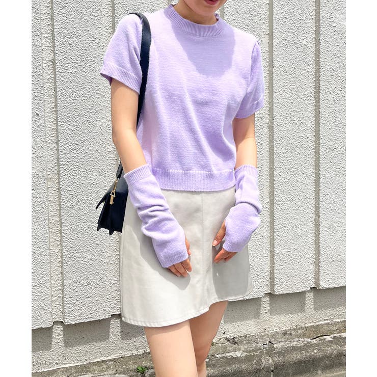 パープル | アームウォーマー付きクルーネック半袖ニットトップス | Jewelobe