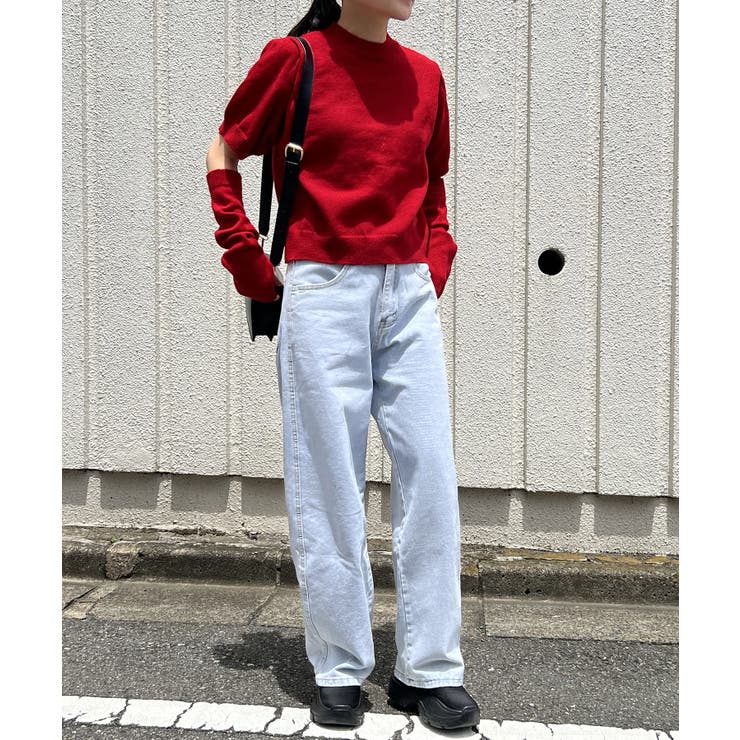 レッド | アームウォーマー付きクルーネック半袖ニットトップス | Jewelobe