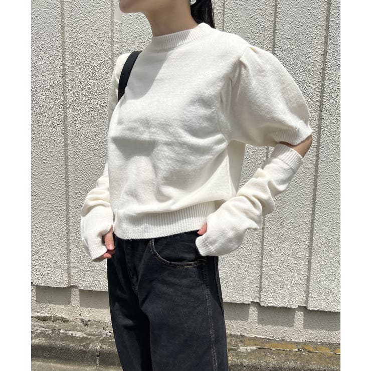 ホワイト | アームウォーマー付きクルーネック半袖ニットトップス | Jewelobe